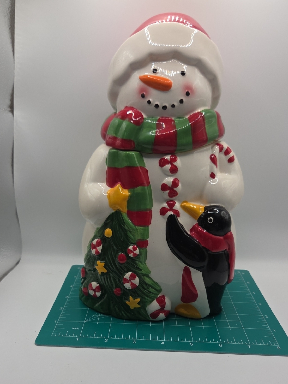 Festive Ceramic Snowman Cookie Jar - With Pknguin. Vintage
